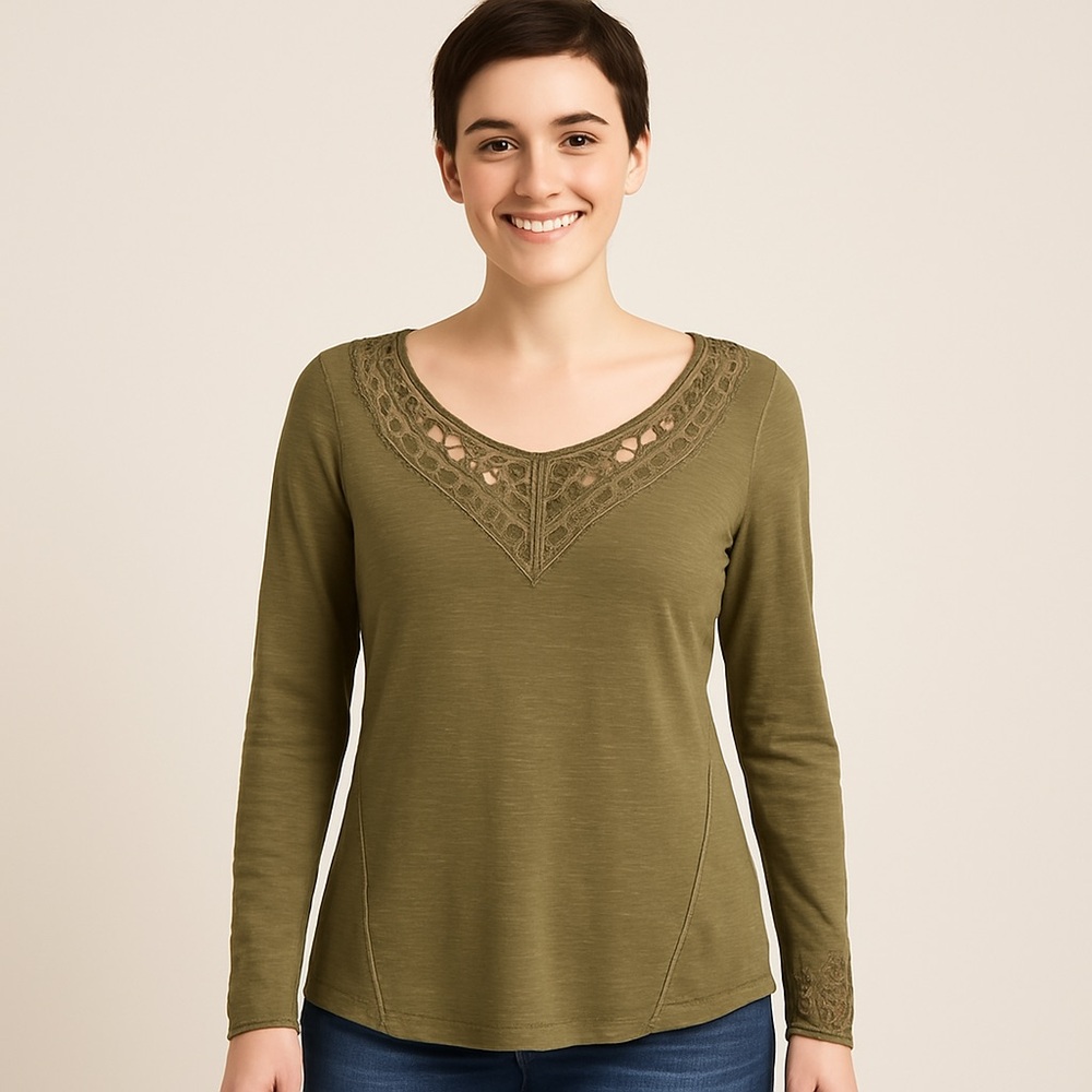 Free People cut out neck distressed burnout raw edge olive green top size S SS